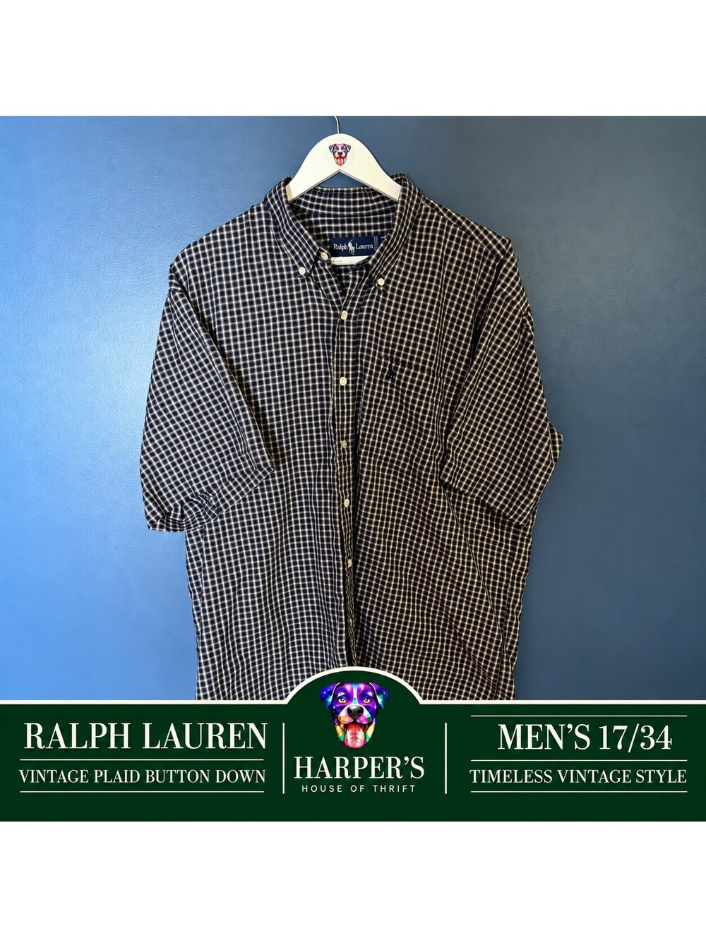 Vintage Ralph Lauren Short Sleeve Button Down Shirt Navy Check Plaid 17-34 Y2K